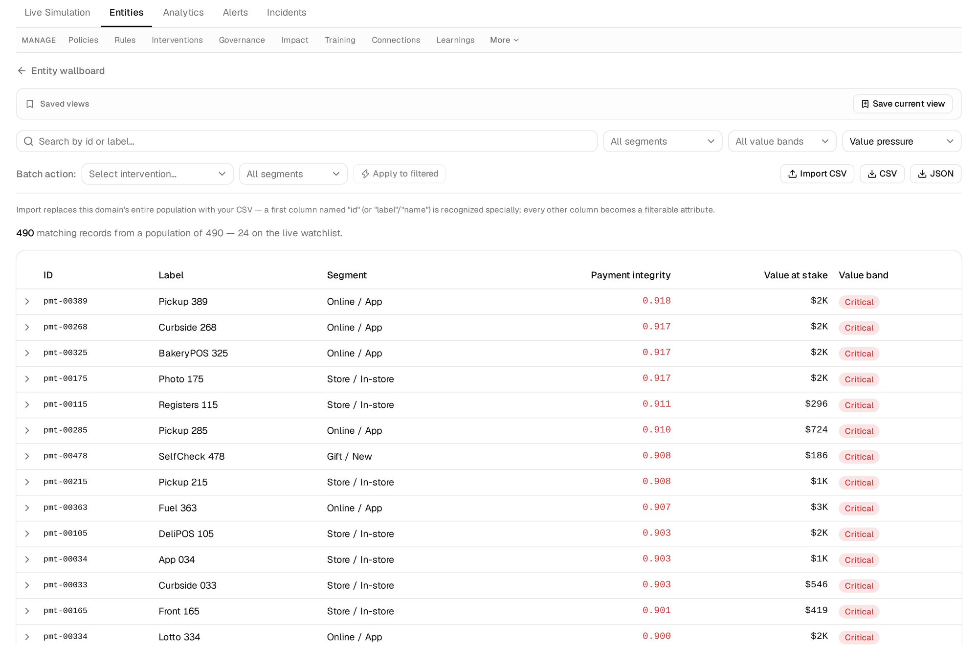 The OgMart payments domain as a ranked list of entities, each with its value pressure, value at stake and value band, ordered by pressure